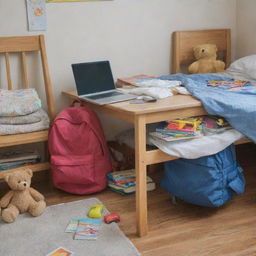 A messy children's room filled with toys, books and clothes