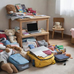 A messy children's room filled with toys, books and clothes