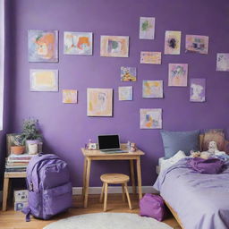 A messy children's room with a painting hanging on a purple wall