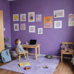 A messy children's room with a painting hanging on a purple wall