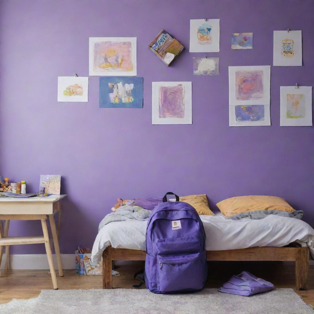 A messy children's room with a painting hanging on a purple wall