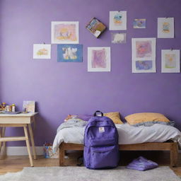 A messy children's room with a painting hanging on a purple wall