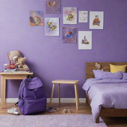 A messy children's room with a painting hanging on a purple wall