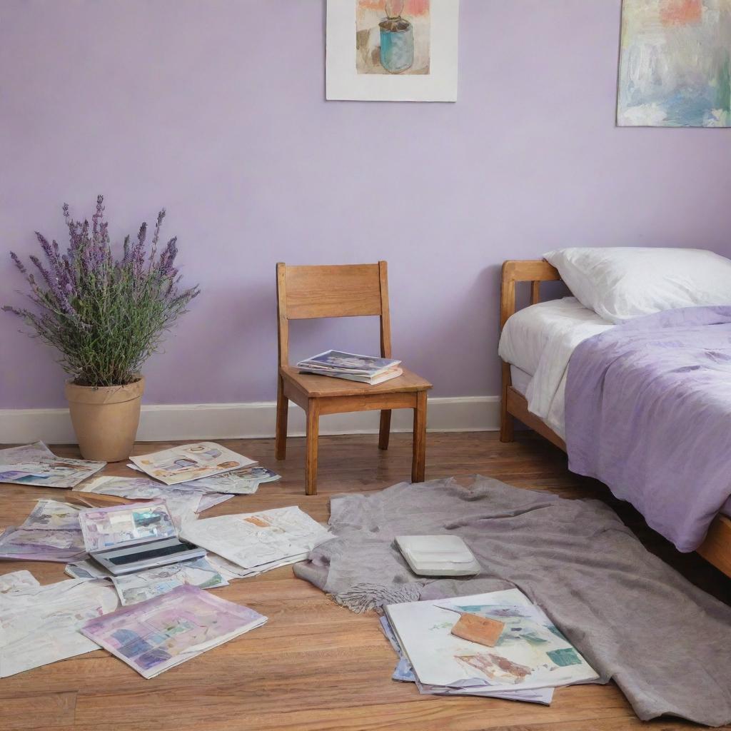 A painted image of a messy children's room with lavender and white walls