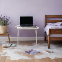 A painted image of a messy children's room with lavender and white walls