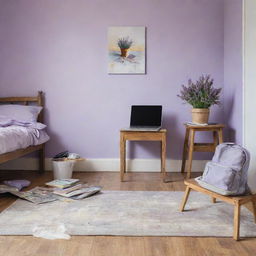 A painted image of a messy children's room with lavender and white walls