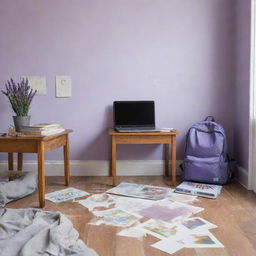 A painted image of a messy children's room with lavender and white walls