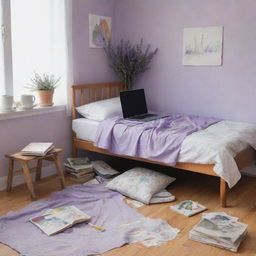 Painted scene of a messy children's room featuring lavender and white walls