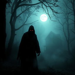 A chilling and suspenseful horror scene deep in a misty forest