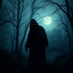 A chilling and suspenseful horror scene deep in a misty forest