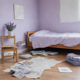 Painted scene of a messy children's room featuring lavender and white walls