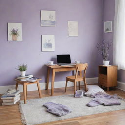 Painted scene of a messy children's room featuring lavender and white walls