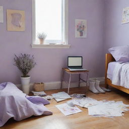 Painted scene of a messy children's room featuring lavender and white walls