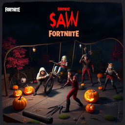 A spooky Halloween-themed image combining elements from the Saw franchise and Fortnite