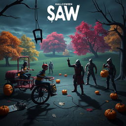 A spooky Halloween-themed image combining elements from the Saw franchise and Fortnite