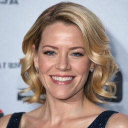 A high resolution, naturally illuminated portrait of actress Elizabeth Banks with a radiant and genuine smile on her face.