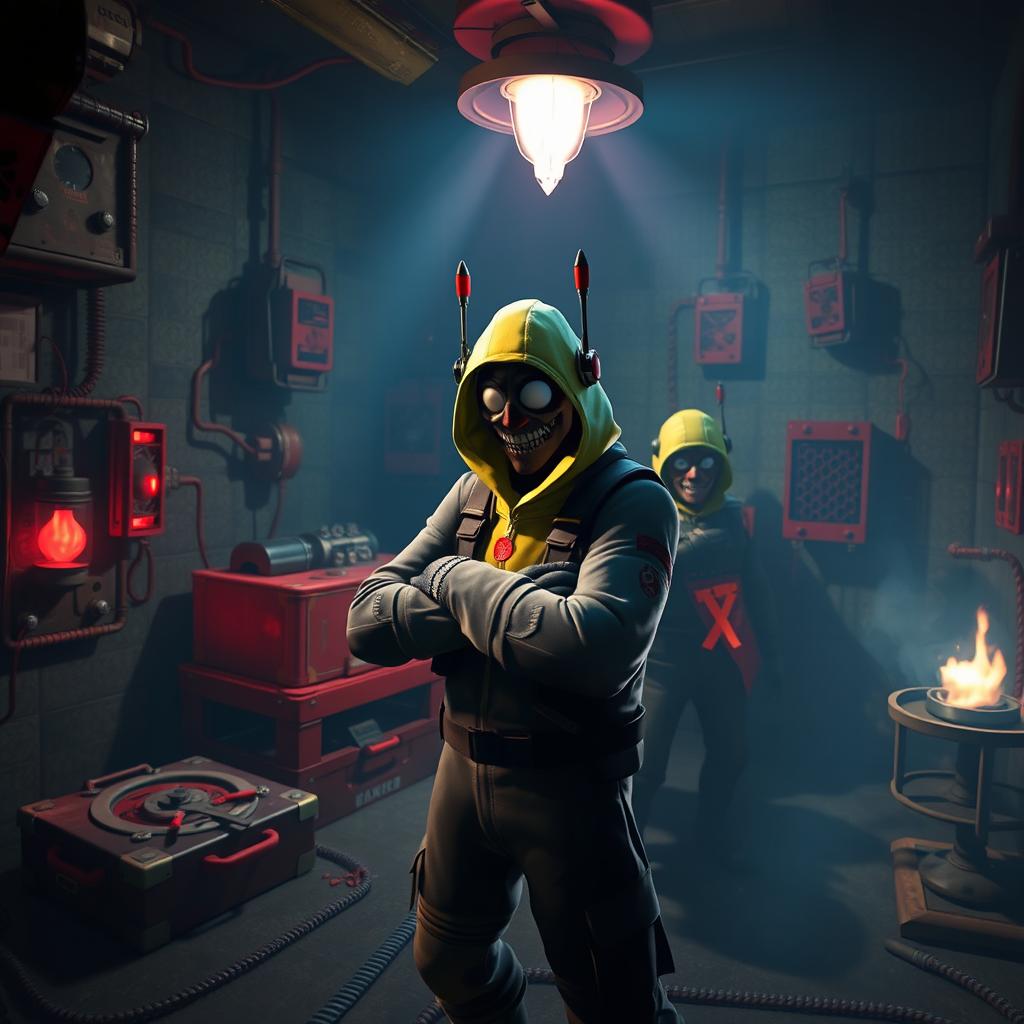 A thrilling crossover scene depicting Fortnite characters in a horror-themed environment inspired by the Saw franchise