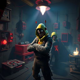 A thrilling crossover scene depicting Fortnite characters in a horror-themed environment inspired by the Saw franchise