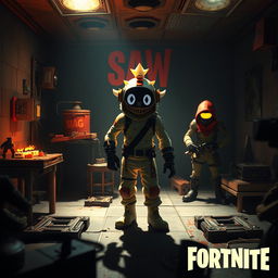 A thrilling crossover scene depicting Fortnite characters in a horror-themed environment inspired by the Saw franchise