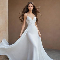 An elegant woman with flowing long hair, dressed in a beautifully designed white dress that enhances her grace and poise.