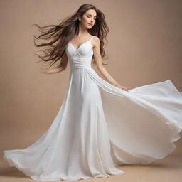 An elegant woman with flowing long hair, dressed in a beautifully designed white dress that enhances her grace and poise.