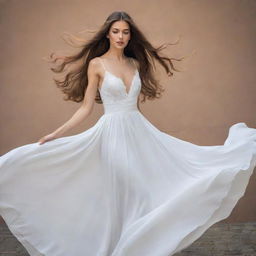 An elegant woman with flowing long hair, dressed in a beautifully designed white dress that enhances her grace and poise.