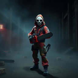 A Fortnite character styled with elements from the Saw franchise, wearing a creepy mask reminiscent of the Jigsaw doll, holding a chainsaw while standing in a dark, abandoned urban environment