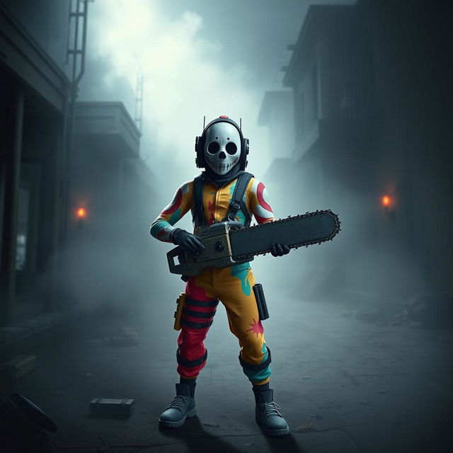 A Fortnite character styled with elements from the Saw franchise, wearing a creepy mask reminiscent of the Jigsaw doll, holding a chainsaw while standing in a dark, abandoned urban environment