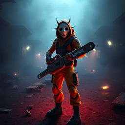 A Fortnite character styled with elements from the Saw franchise, wearing a creepy mask reminiscent of the Jigsaw doll, holding a chainsaw while standing in a dark, abandoned urban environment
