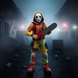 A Fortnite character styled with elements from the Saw franchise, wearing a creepy mask reminiscent of the Jigsaw doll, holding a chainsaw while standing in a dark, abandoned urban environment