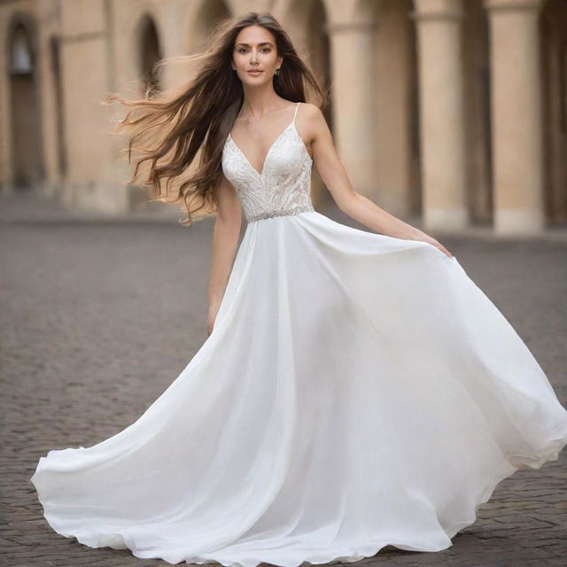 An elegant woman with flowing long hair, dressed in a beautifully designed white dress that enhances her grace and poise.