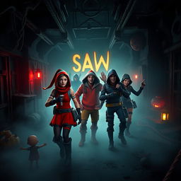A crossover scene featuring Fortnite characters in a horror-themed environment inspired by the Saw movie franchise