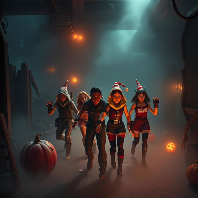 A crossover scene featuring Fortnite characters in a horror-themed environment inspired by the Saw movie franchise