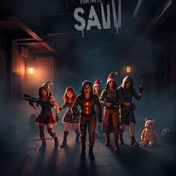 A crossover scene featuring Fortnite characters in a horror-themed environment inspired by the Saw movie franchise