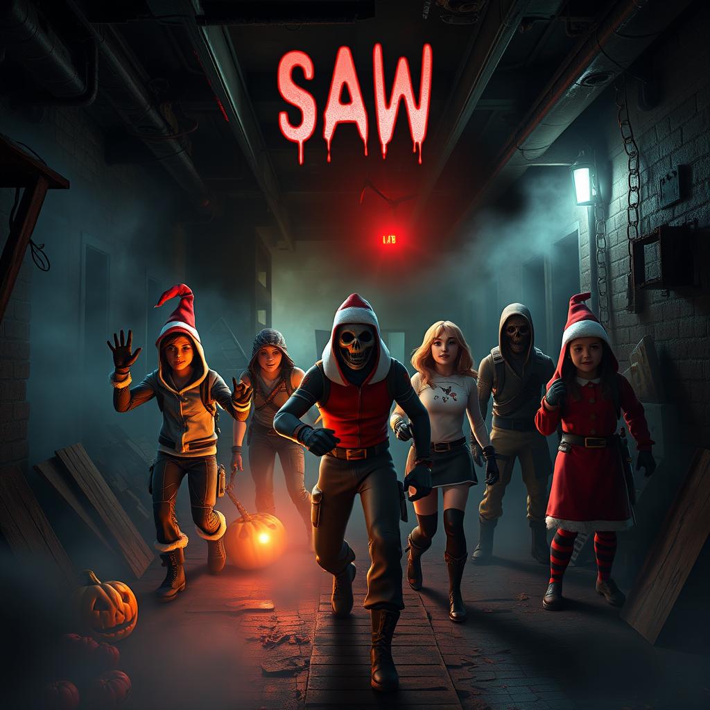 A crossover scene featuring Fortnite characters in a horror-themed environment inspired by the Saw movie franchise