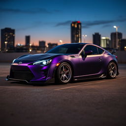 An impressive image of a modified black and purple Toyota GR86, showcasing a dark matte purple body that exudes a sleek and intimidating presence