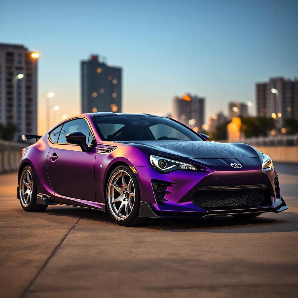 An impressive image of a modified black and purple Toyota GR86, showcasing a dark matte purple body that exudes a sleek and intimidating presence