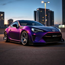 An impressive image of a modified black and purple Toyota GR86, showcasing a dark matte purple body that exudes a sleek and intimidating presence