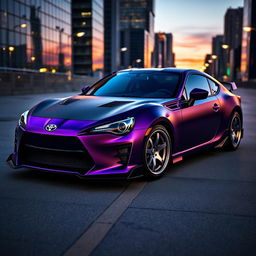 An impressive image of a modified black and purple Toyota GR86, showcasing a dark matte purple body that exudes a sleek and intimidating presence