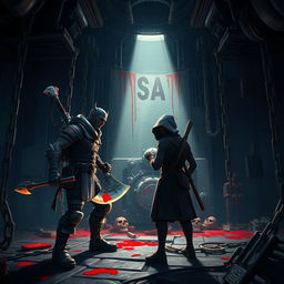 A crossover scene depicting Fortnite characters in a terrifying Saw-inspired environment