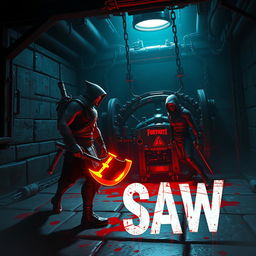 A crossover scene depicting Fortnite characters in a terrifying Saw-inspired environment