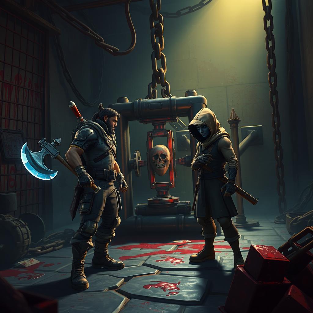 A crossover scene depicting Fortnite characters in a terrifying Saw-inspired environment