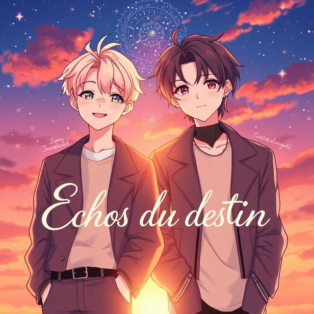 A beautifully illustrated cover for a fanfiction titled 'Echos du destin' featuring Jimin and Jungkook from BTS