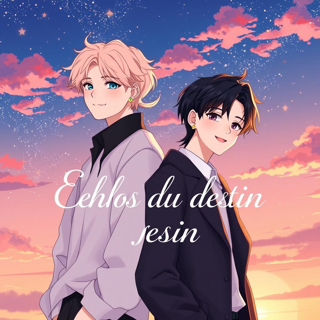 A beautifully illustrated cover for a fanfiction titled 'Echos du destin' featuring Jimin and Jungkook from BTS