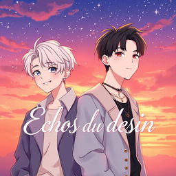 A beautifully illustrated cover for a fanfiction titled 'Echos du destin' featuring Jimin and Jungkook from BTS