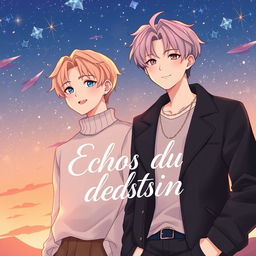 A beautifully illustrated cover for a fanfiction titled 'Echos du destin' featuring Jimin and Jungkook from BTS