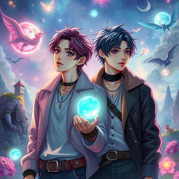 A vibrant fan art representation of a fantasy scene featuring the real characters Jimin and Jungkook from BTS, immersed in a mystical environment that evokes the theme of destiny