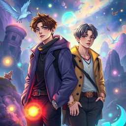 A vibrant fan art representation of a fantasy scene featuring the real characters Jimin and Jungkook from BTS, immersed in a mystical environment that evokes the theme of destiny