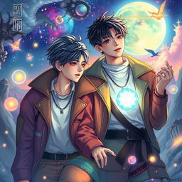 A vibrant fan art representation of a fantasy scene featuring the real characters Jimin and Jungkook from BTS, immersed in a mystical environment that evokes the theme of destiny