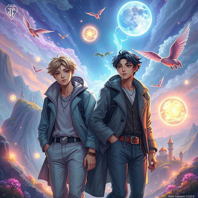 A vibrant fan art representation of a fantasy scene featuring the real characters Jimin and Jungkook from BTS, immersed in a mystical environment that evokes the theme of destiny